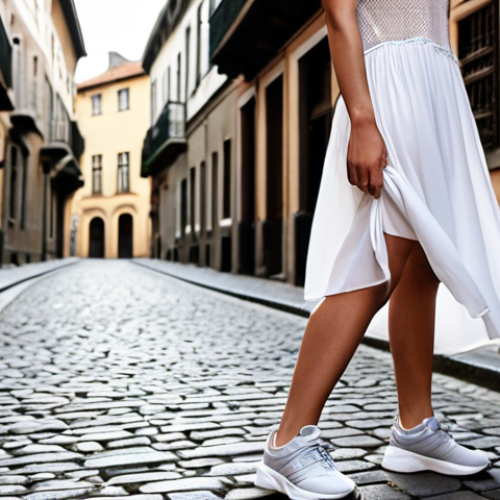 **

Prompt: Limited edition sneakers paired with a flowing, ethereal dress. Urban setting, possibly a European city street with cobblestones. Capture a sense of effortless style and comfort. Focus on the juxtaposition of high-end athletic wear and delicate feminine fabric. Soft, diffused lighting.

**