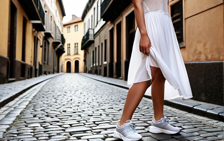 **

Prompt: Limited edition sneakers paired with a flowing, ethereal dress. Urban setting, possibly a European city street with cobblestones. Capture a sense of effortless style and comfort. Focus on the juxtaposition of high-end athletic wear and delicate feminine fabric. Soft, diffused lighting.

**