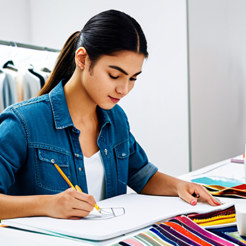 **

"A fashion design student, fully clothed in casual attire, sketching designs in a bright, modern studio filled with fabrics and sewing machines. Safe for work, appropriate content, perfect anatomy, natural proportions, modest attire, focus on the creative process, professional lighting, clean background."

**