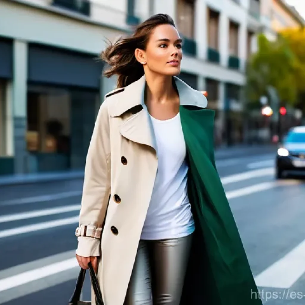 패션디자인과 기능성 의류 - **Prompt:** A stylish and confident woman in her early 30s navigating a bustling, modern city street...