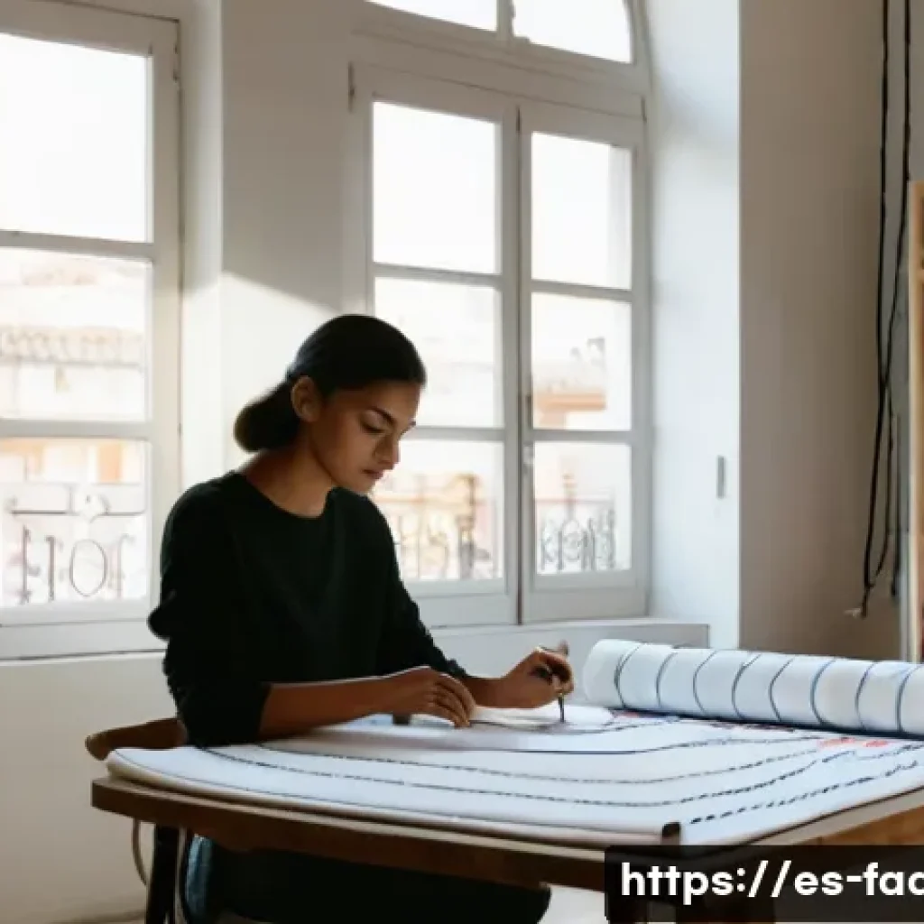 패션디자인과 패션포토그래피 - A fashion designer’s creative studio scene in Barcelona, featuring a young Hispanic woman sketching ...