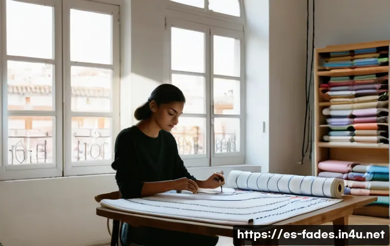 패션디자인과 패션포토그래피 - A fashion designer’s creative studio scene in Barcelona, featuring a young Hispanic woman sketching ...