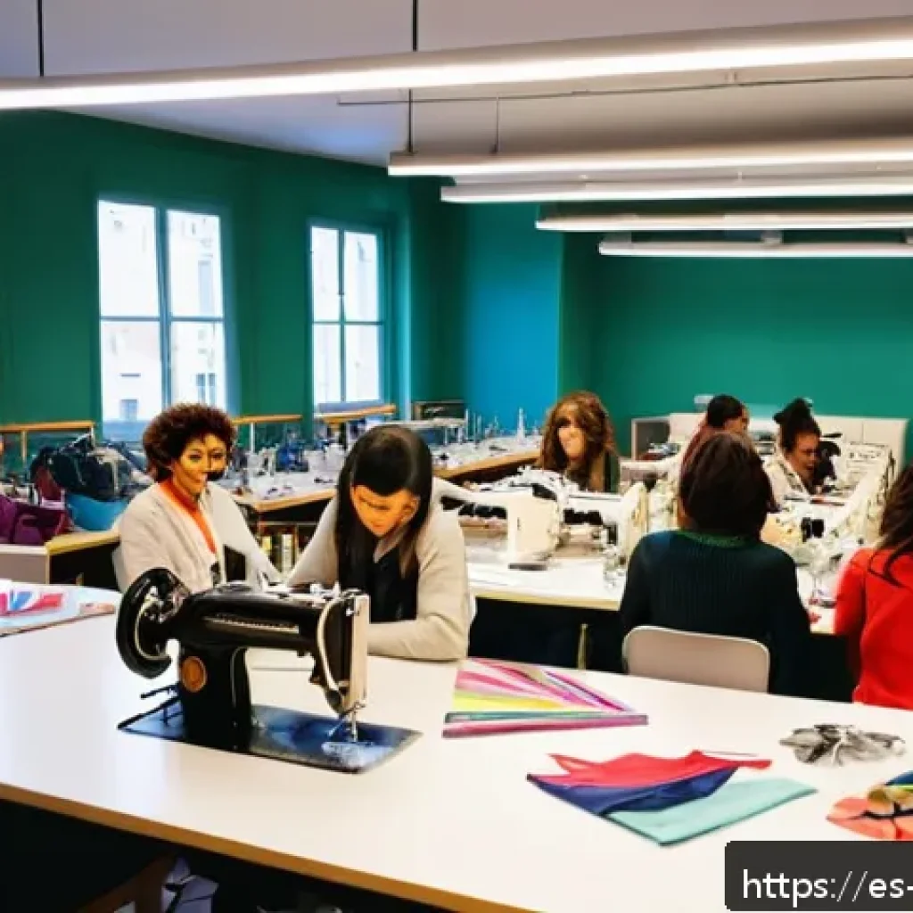 패션디자인과 패션스쿨 - A vibrant classroom scene inside a prestigious fashion design school in Barcelona, featuring diverse...