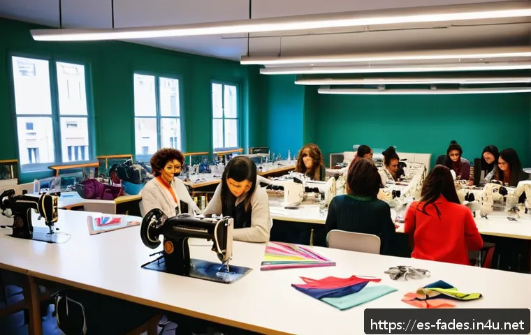 패션디자인과 패션스쿨 - A vibrant classroom scene inside a prestigious fashion design school in Barcelona, featuring diverse...