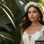 Home 23 패션디자인과 웨딩드레스 디자인 - A modern bride wearing a sustainable wedding dress made of eco-friendly satin and organic lace, feat...