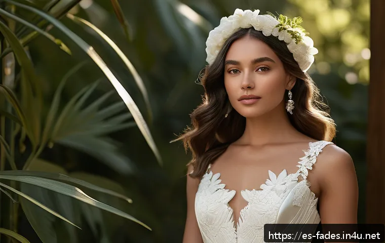 패션디자인과 웨딩드레스 디자인 - A modern bride wearing a sustainable wedding dress made of eco-friendly satin and organic lace, feat...