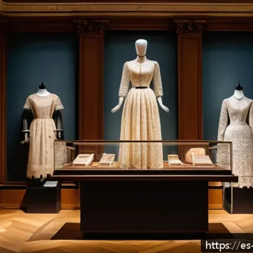 패션디자인과 패션뮤지엄 - A detailed exhibition scene inside a European museum showcasing iconic 20th-century fashion garments...
