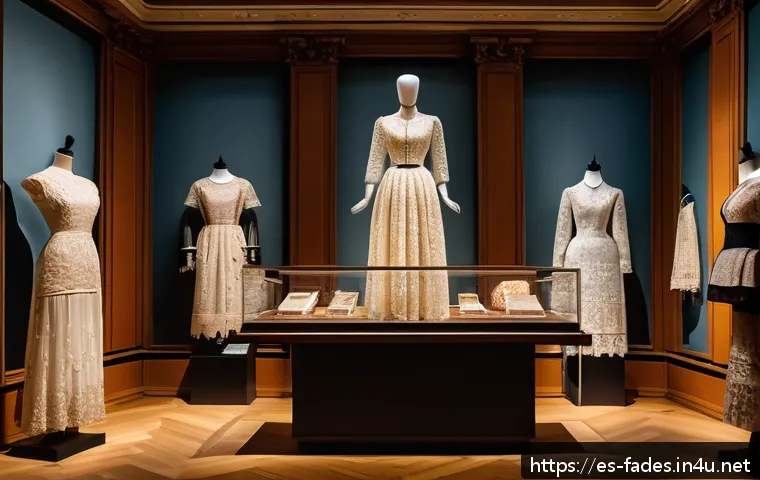 패션디자인과 패션뮤지엄 - A detailed exhibition scene inside a European museum showcasing iconic 20th-century fashion garments...